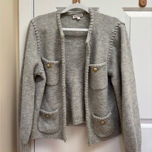 J. Crew Light Heather Gray Cardigan Sweater with Crochet Trim